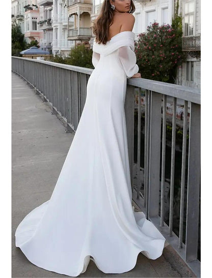 Casual Formal Wedding Dresses Mermaid / Trumpet Off Shoulder Long Sleeve Sweep / Brush Train Chiffon Bridal Gowns With Solid Color