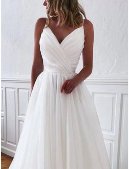 Simple Wedding Dresses Sheath / Column Camisole Sleeveless Court Train Chiffon Bridal Gowns With Pleats