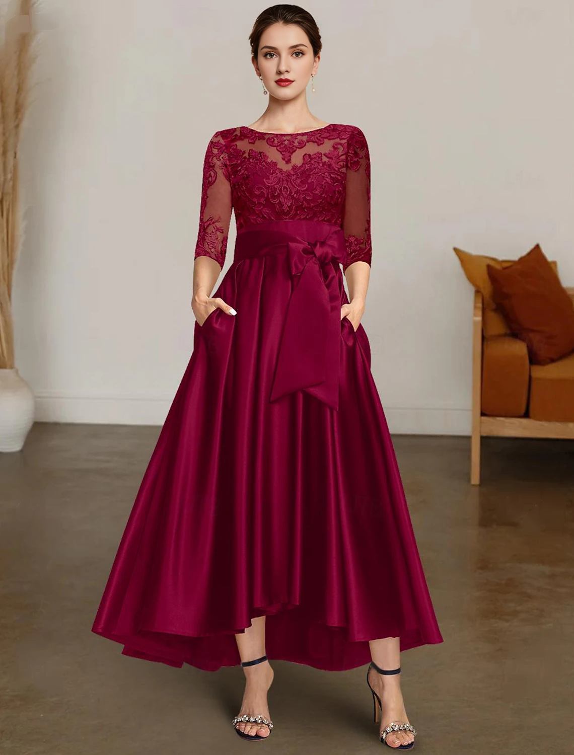 A-line Christmas dress bride's mother's dress formal wedding guests elegant high-low boat collar asymmetrical satin lace 3/4 long sleeves with lace belt/ribbon 2024