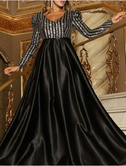 A-Line Sparkly Engagement Formal Evening Red Green Dress V Neck Long Sleeve Court Train Polyester with Sequin