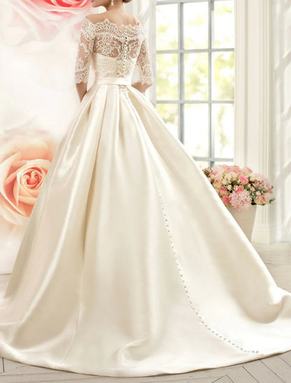 Engagement Formal Wedding Dresses Ball Gown Off Shoulder Half Sleeve Court Train Satin Bridal Gowns With Bow(s) Pleats