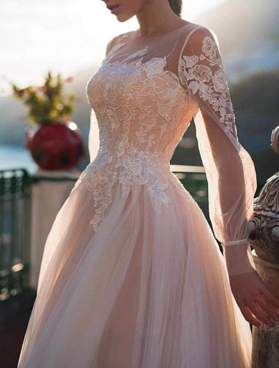 Beach Wedding Dresses in Color Wedding Dresses A-Line Illusion Neck Long Sleeve Sweep / Brush Train Lace Bridal Gowns With Embroidery Appliques