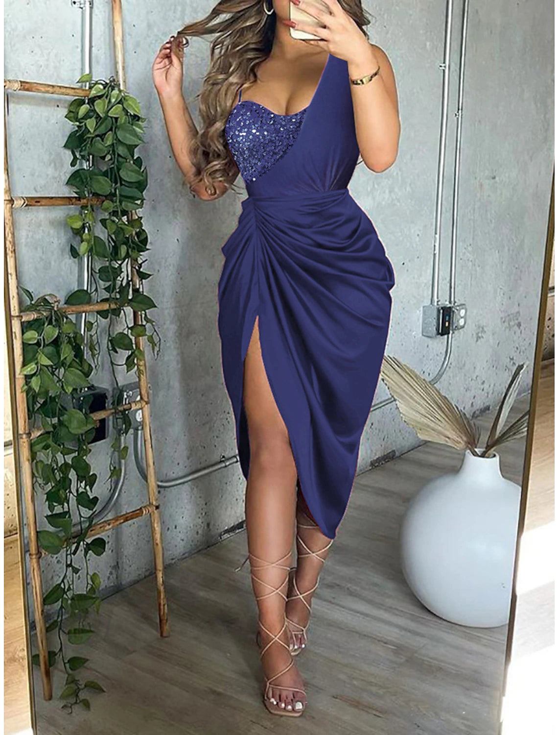 Mermaid / Trumpet Cocktail Dresses Party Dress Wedding Guest Party Wear Tea Length Short Sleeve Spaghetti Strap Polyester with Ruched Sequin Slit