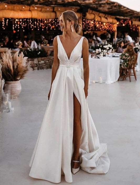 Beach Casual Wedding Dresses A-Line V Neck Sleeveless Court Train Satin Bridal Gowns With Sashes / Ribbons Sash / Ribbon  Summer Wedding Party  Women's Clothing