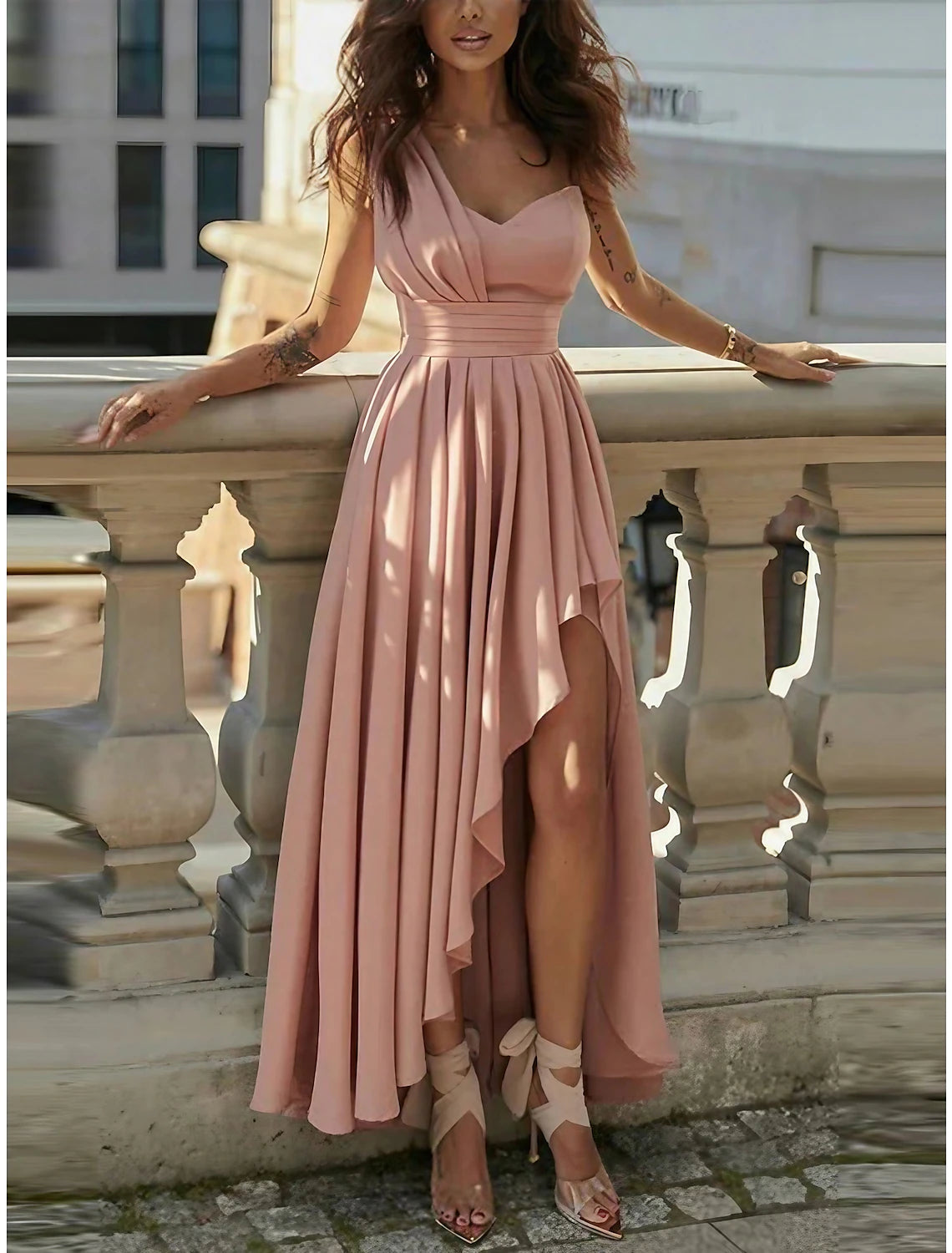 Women's Party Dress Homecoming Dress Wedding Guest Dress Long Dress Maxi Dress Pink Sleeveless Pure Color Pleated Summer Spring One Shoulder Party Birthday Wedding Guest Vacation Slim