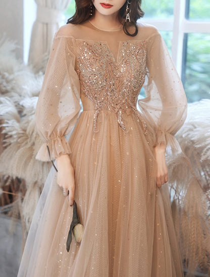 A-Line Prom Dresses Sparkle & Shine Dress Wedding Guest Prom Floor Length Long Sleeve Jewel Neck Lace with Rhinestone Appliques 2024