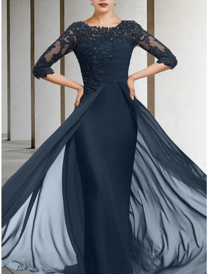 Sheath / Column Mother of the Bride Dress Wedding Guest Elegant Jewel Neck Floor Length Chiffon Lace Half Sleeve with Sequin Ruching Solid Color