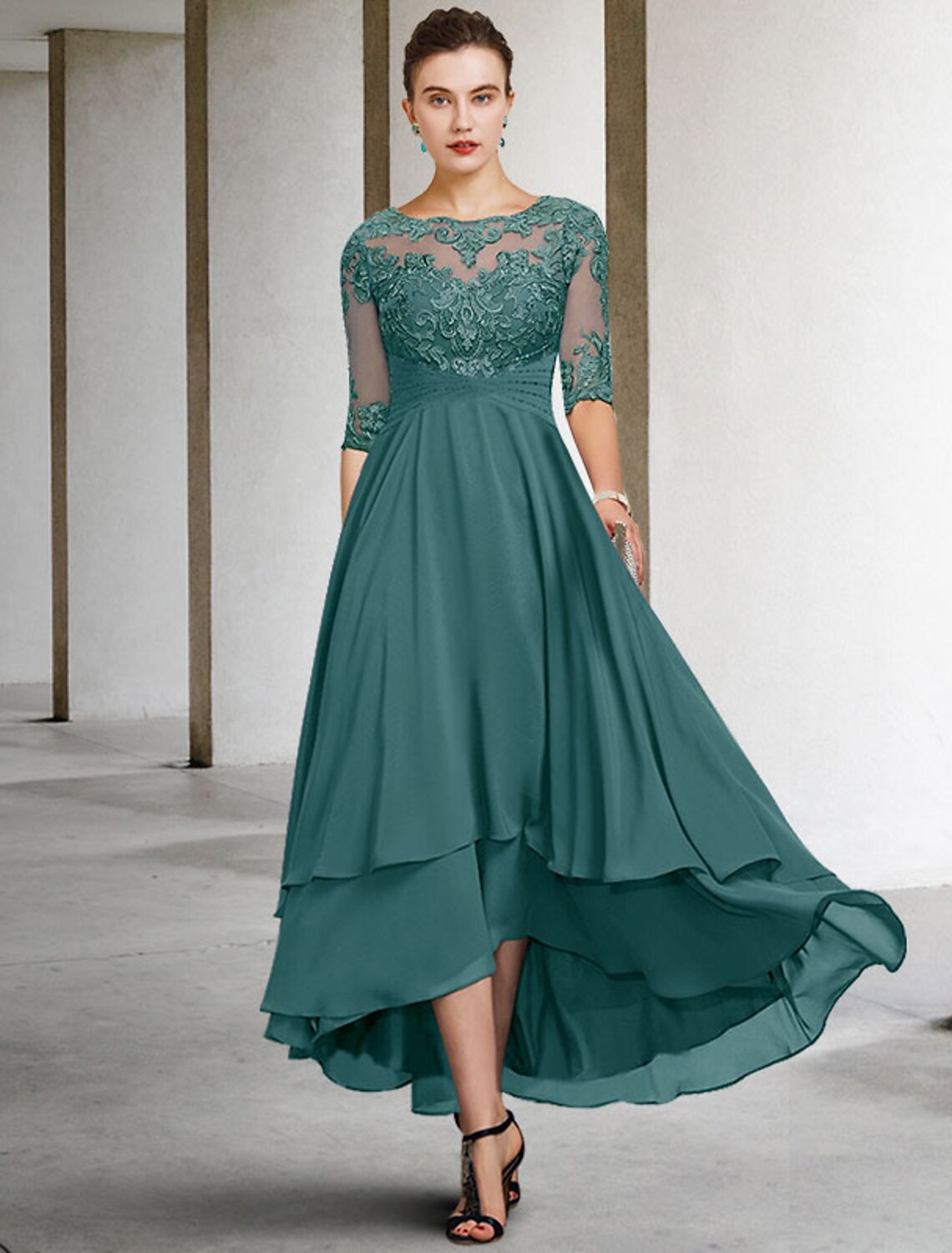 A-Line Mother of the Bride Dress Plus Size Elegant High Low Jewel Neck Asymmetrical Ankle Length Chiffon Lace Half Sleeve with Beading Ruffles Appliques