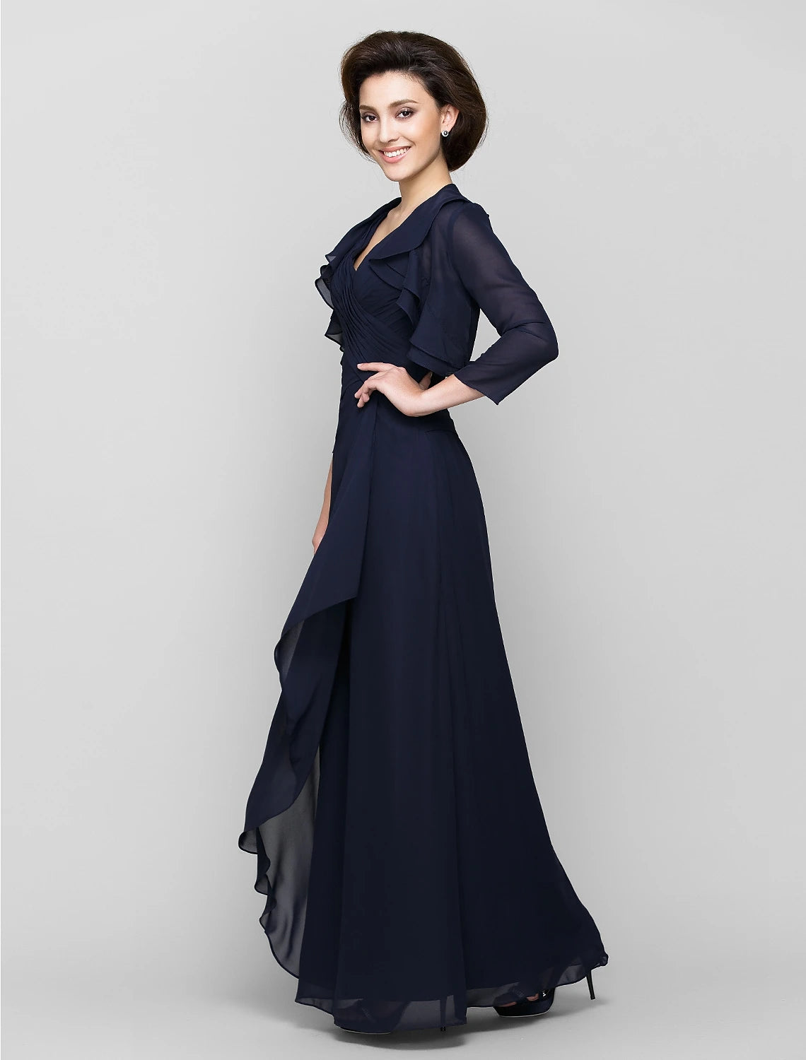 Sheath / Column Mother of the Bride Dress Convertible Dress V Neck Floor Length Chiffon 3/4 Length Sleeve with Criss Cross Cascading Ruffles