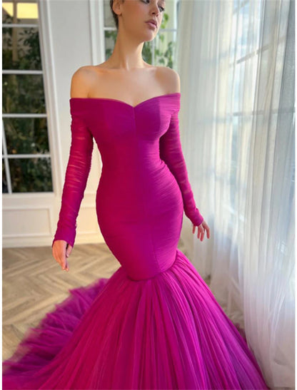 Mermaid Formal Red Green Dress Evening Gown Elegant Dress Wedding Guest Wedding Party Court Train Long Sleeve Off Shoulder Tulle with Ruched