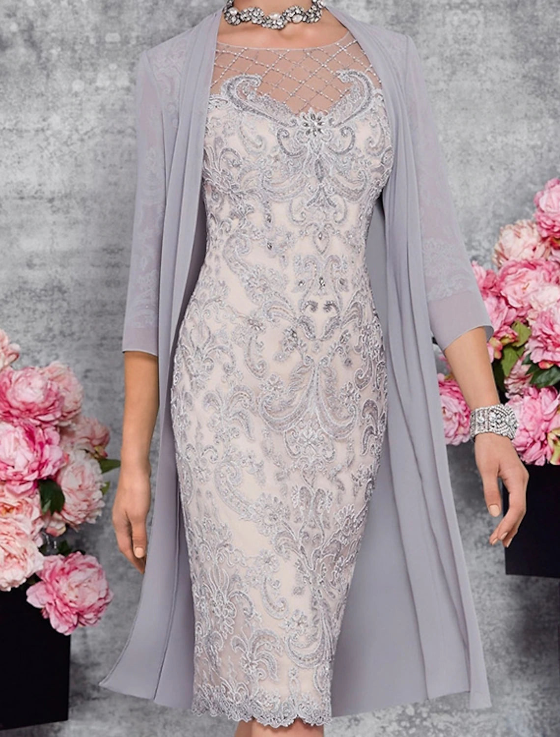 Two Piece Sheath / Column Mother of the Bride Dress Wedding Guest Church Elegant Illusion Neck Knee Length Lace 3/4 Length Sleeve Jacket Dresses with Embroidery