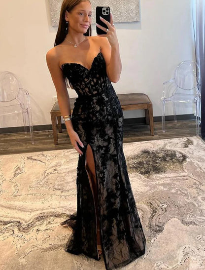 A-Line Mermaid Black Dress Evening Gown Open Back Dress Graduation Prom Sweep / Brush Train Sleeveless Sweetheart Wednesday Addams Family Lace Backless with Glitter Slit Appliques