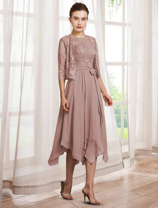 Two Piece A-Line Mother of the Bride Dress Elegant Jewel Neck Tea Length Chiffon Lace Half Sleeve Wrap Included with Sash / Ribbon