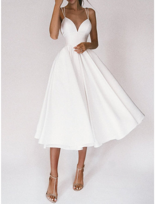 A-Line Homecoming Dresses Open Back Dress Wedding Guest Holiday Tea Length Sleeveless Spaghetti Strap Spandex Backless with Pleats