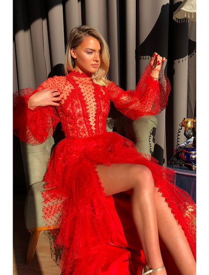 Sheath / Column Empire Sexy High Split Party Wear Prom Valentine's Day Dress High Neck Long Sleeve Floor Length Lace with Slit Tier 2024 / Puff Balloon Sleeve