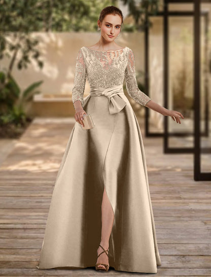 A-Line Evening Gown Open Back Dress Formal Wedding Guest Floor Length 3/4 Length Sleeve Scoop Neck Lace with Slit Strappy 2024