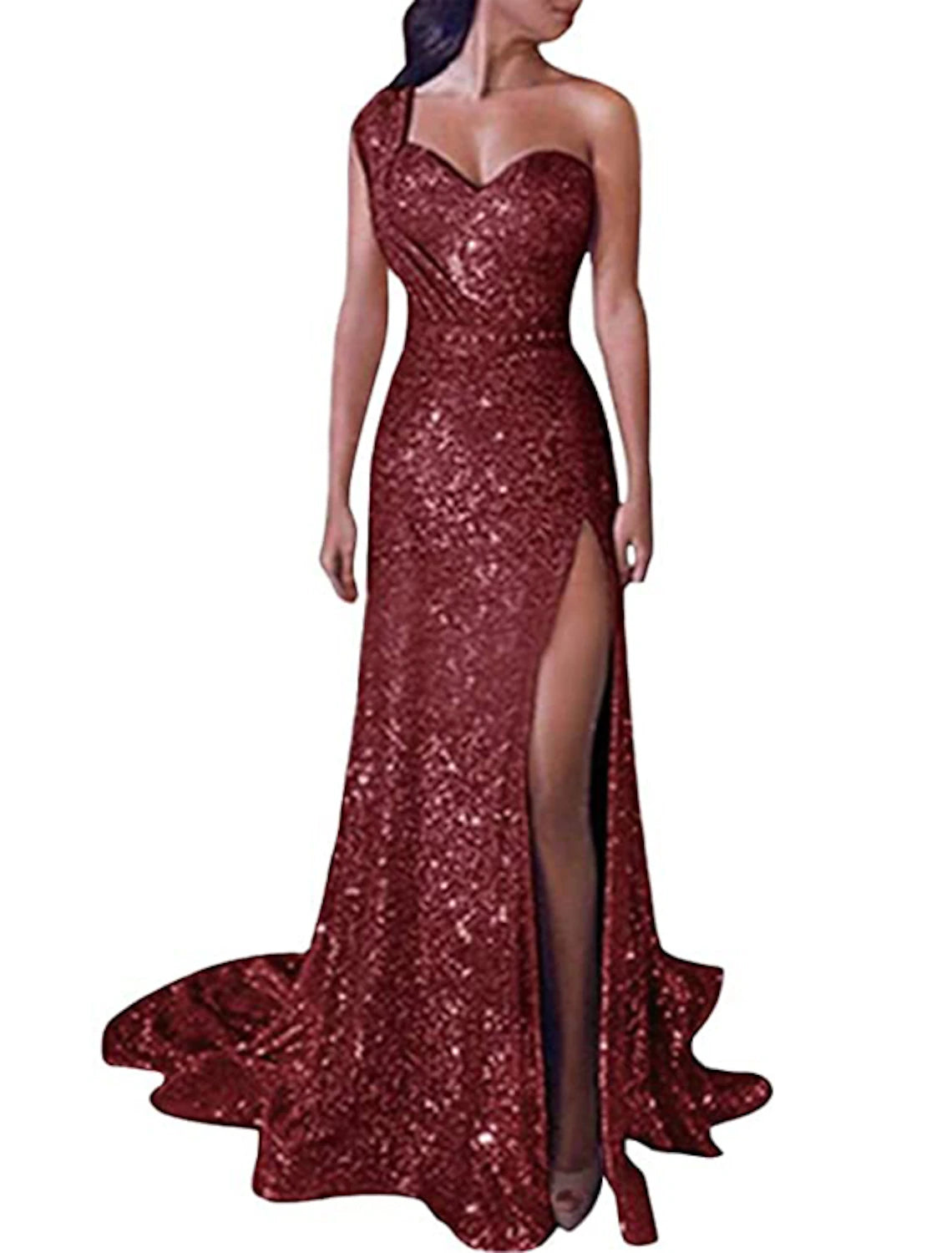 Mermaid Dress Evening Dresses Christmas Red Green Dress Sparkle & Shine Dress Prom Formal Evening Court Train One Shoulder Sleeveless Sequined with Sequin Slit 2024