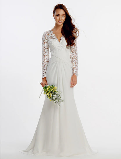 Beach Boho Wedding Dresses Sheath / Column V Neck Long Sleeve Sweep / Brush Train Chiffon Bridal Gowns With Lace Buttons