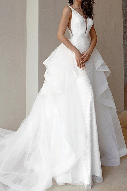 Engagement Sparkling Formal Wedding Dress Palace Tail Sleeveless V-neck Bridal Dress