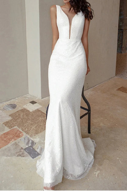 Engagement Sparkling Formal Wedding Dress Palace Tail Sleeveless V-neck Bridal Dress