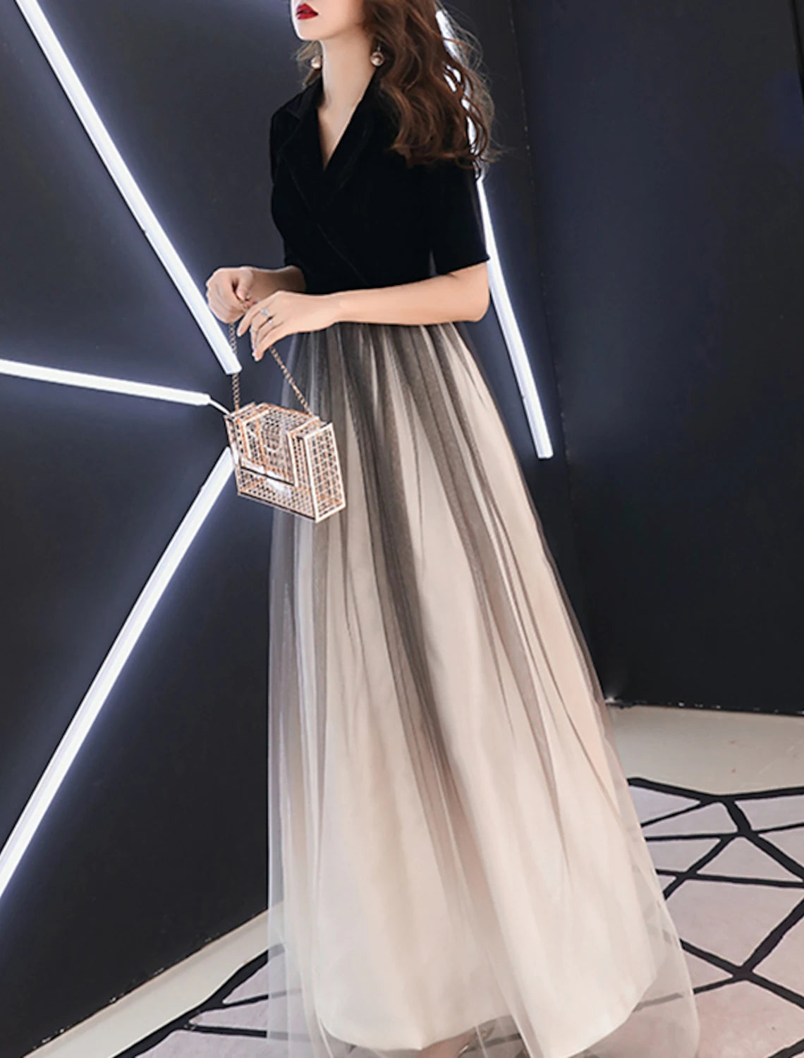 A-Line Minimalist Gradient Engagement Formal Evening Dress V Neck Half Sleeve Floor Length Tulle with Sleek