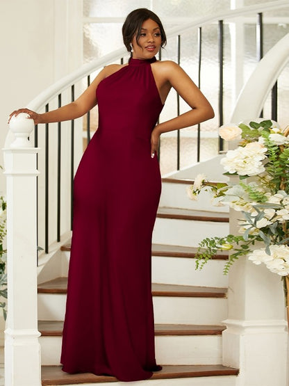 Sheath/Column Silk like Satin Ruched Halter Sleeveless Floor-Length Bridesmaid Dresses