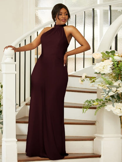 Sheath/Column Silk like Satin Ruched Halter Sleeveless Floor-Length Bridesmaid Dresses