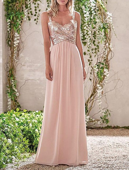 Sheath / Column Bridesmaid Dress Cowl Neck Sleeveless Elegant Floor Length Chiffon / Sequined with Sequin / Ruching