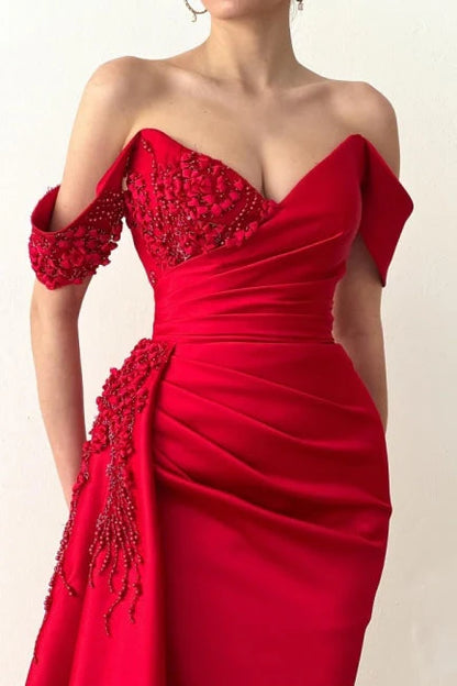 Red mermaid off shoulder lace long evening dress