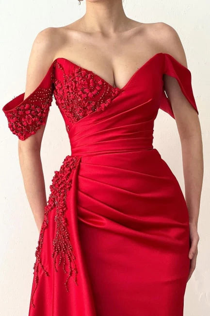 Red mermaid off shoulder lace long evening dress