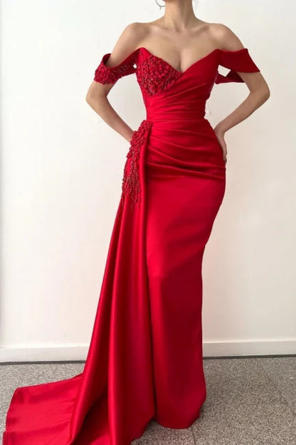 Red mermaid off shoulder lace long evening dress