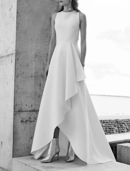 Bridal Shower Formal Wedding Dresses A-Line Scoop Neck Sleeveless Asymmetrical Satin Bridal Gowns With Split Front