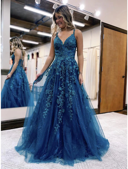 Ball Gown A-Line Prom Dresses Sparkle & Shine Dress Formal Floor Length Sleeveless V Neck Tulle Backless with Glitter Appliques Ball Gown A-Line Prom Dresses Sparkle & Shine Dress Formal Floor Length Sleeveless V Neck Tulle Backless with Glitter Appliques