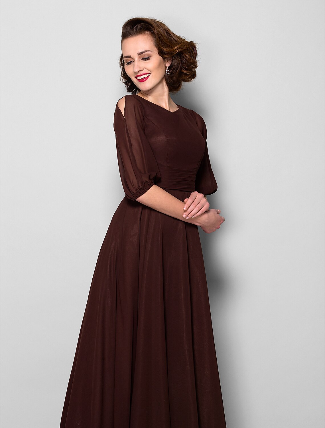 A-Line Mother of the Bride Dress Elegant Jewel Neck Ankle Length Chiffon Half Sleeve with Sash / Ribbon Ruched