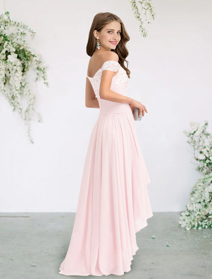 A-Line Bridesmaid Dress Off Shoulder Short Sleeve Elegant Sweep / Brush Train / Asymmetrical Chiffon / Lace with Appliques