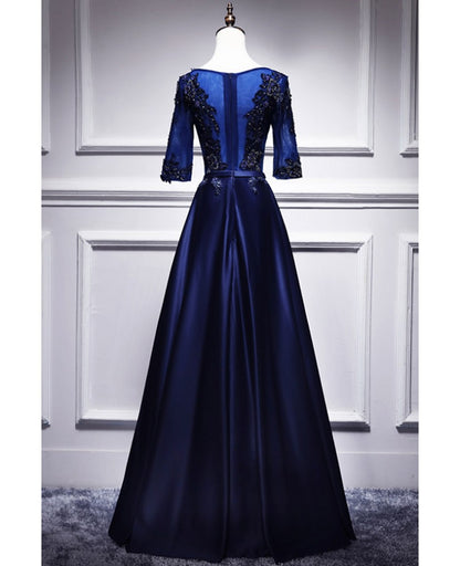 Elegant and noble blue short sleeved lace decal ball dress with blue V-neck satin and beaded back zipper and floor length evening dress