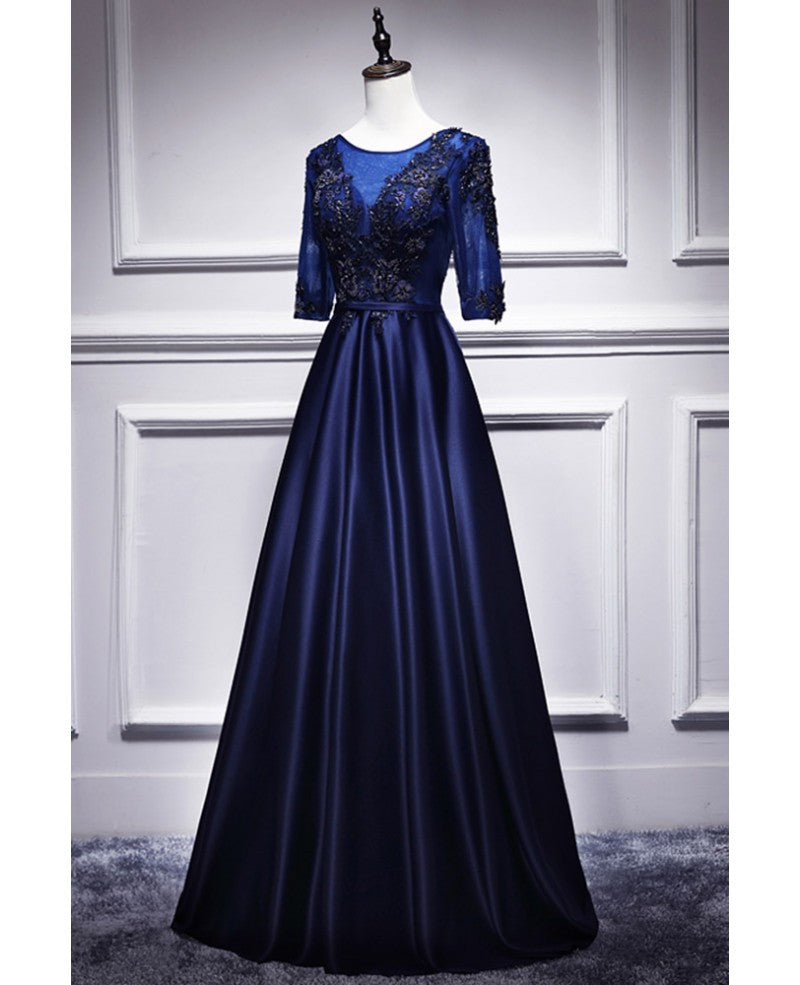 Elegant and noble blue short sleeved lace decal ball dress with blue V-neck satin and beaded back zipper and floor length evening dress