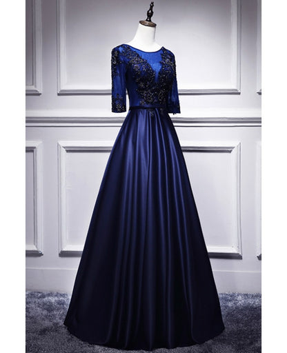 Elegant and noble blue short sleeved lace decal ball dress with blue V-neck satin and beaded back zipper and floor length evening dress