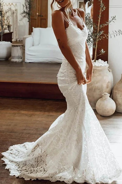 Beach Bohemian Wedding Mermaid/Loudspeaker Fine Shoulder Strap Lace Bridal Dress