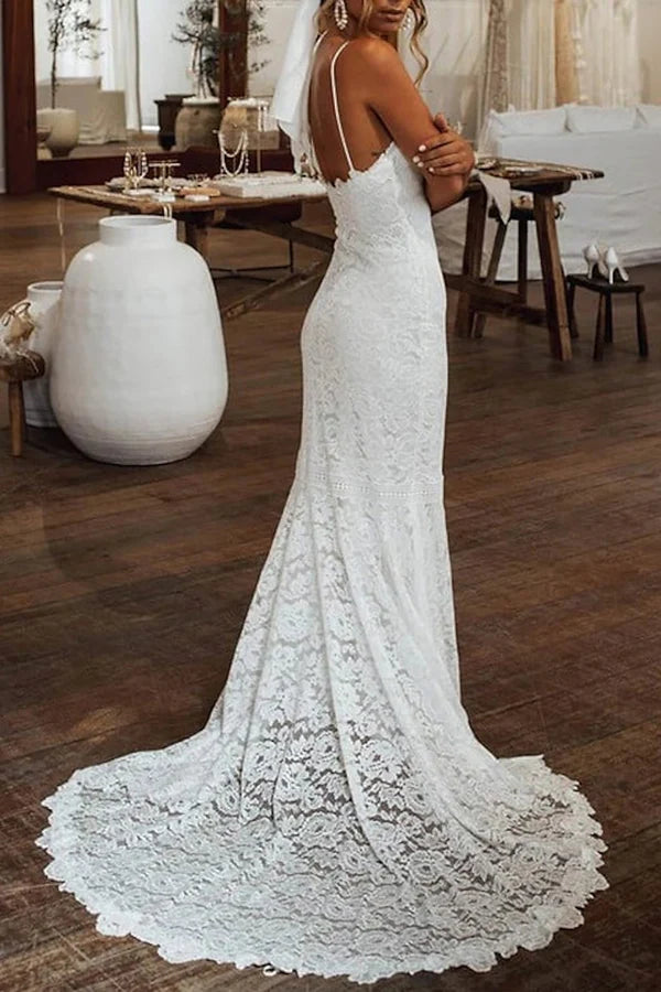 Beach Bohemian Wedding Mermaid/Loudspeaker Fine Shoulder Strap Lace Bridal Dress