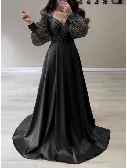 A-Line Evening Gown Sparkle & Shine Black Dress Formal Fall Sweep / Brush Train Long Sleeve V Neck Satin with Glitter Pleats Strappy 2024