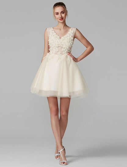 A-Line Party Dress Wedding Guest Homecoming Short / Mini Sleeveless V Neck Lace Over Tulle with Crystals Appliques