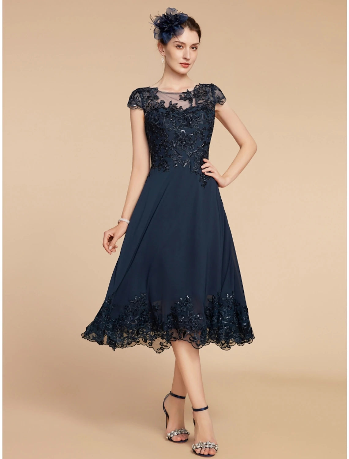 A-Line Mother of the Bride Dress Wedding Guest Elegant Petite Scoop Neck Tea Length Chiffon Lace Cap Sleeve with Sequin Ruching Solid Color