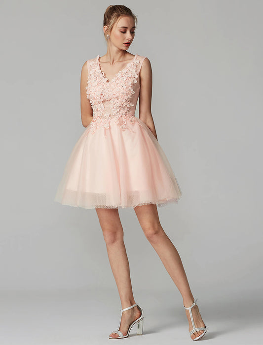 A-Line Party Dress Homecoming Graduation Short / Mini Sleeveless V Neck Lace Over Tulle with Crystals Appliques