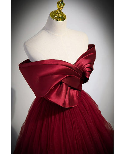 Unique and elegant wine red off the shoulder strapless ball dress wine red A-shaped princess bow short sleeved backless strap and floor length evening dress