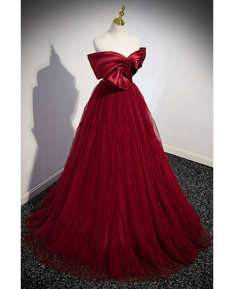 Unique and elegant wine red off the shoulder strapless ball dress wine red A-shaped princess bow short sleeved backless strap and floor length evening dress