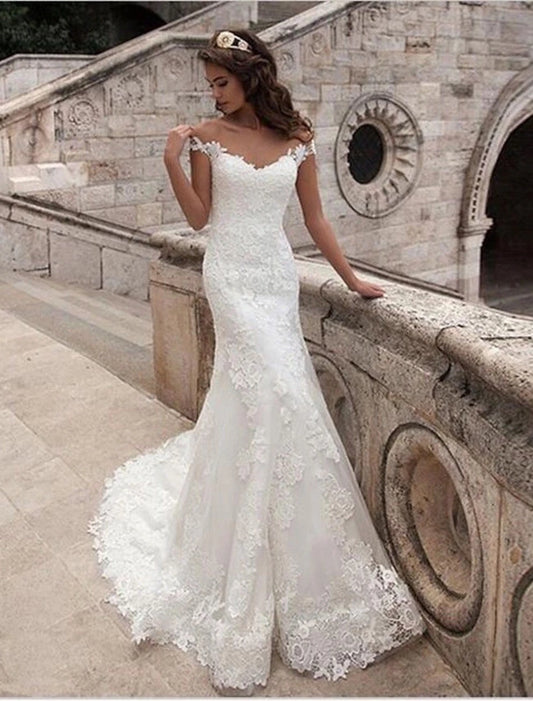 Engagement Open Back Formal Wedding Dresses Mermaid / Trumpet Off Shoulder Cap Sleeve Court Train Lace Bridal Gowns With Appliques  Summer Wedding Party Women's Clothing