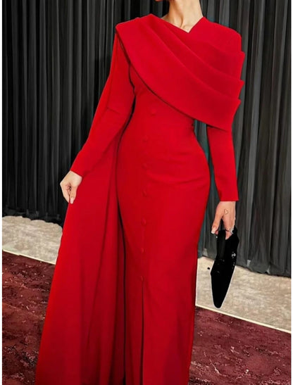 Sheath / Column Red Black Christmas Red Green Dress Evening Gown Elegant Cape Dress Formal Fall Sweep / Brush Train Long Sleeve Cowl Neck Stretch Fabric with Buttons Slit 2024