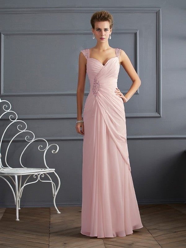 Sheath/Column Straps Sleeveless Beading Long Chiffon Dresses