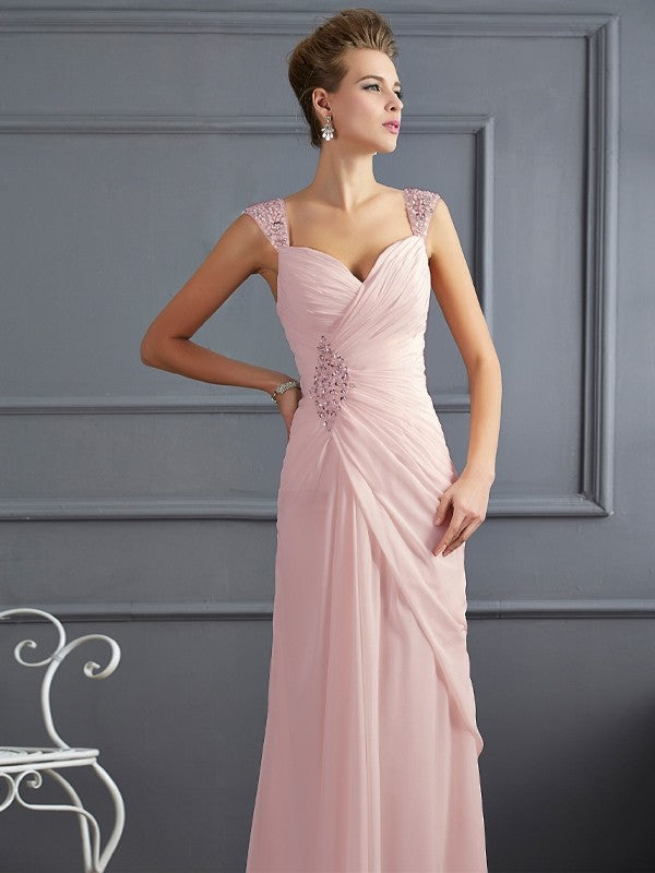 Sheath/Column Straps Sleeveless Beading Long Chiffon Dresses